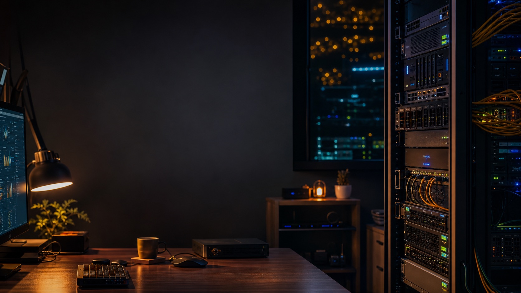 A softly lit workspace with a server rack beside the desk